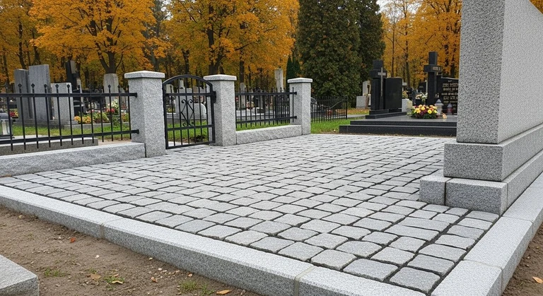 Благоустройство захоронений в Хабаровске — мощение гранитной плиткой, цоколь и ограда на ухоженном участке