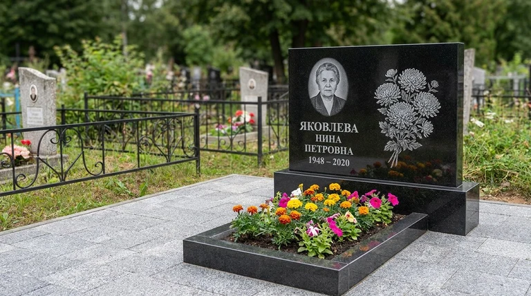 Гравировка хризантем на памятник в Хабаровске — пример работы на граните