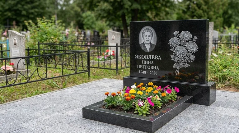 Памятник с гравировкой хризантем — выполненная работа «Соколов» в Хабаровске