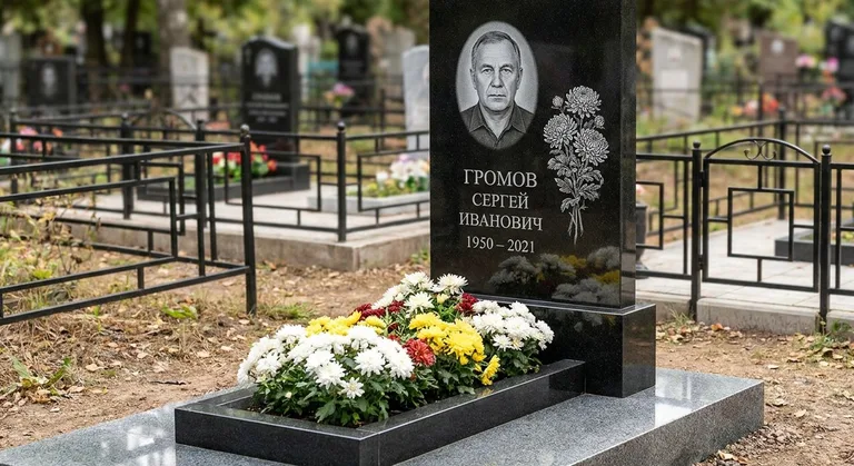 Памятник с гравировкой хризантем — выполненная работа «Громов» в Хабаровске