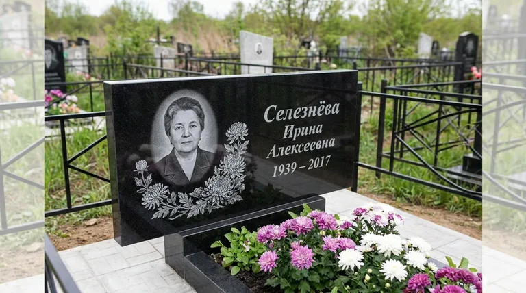 Памятник с гравировкой хризантем — выполненная работа «Селезнёва» в Хабаровске