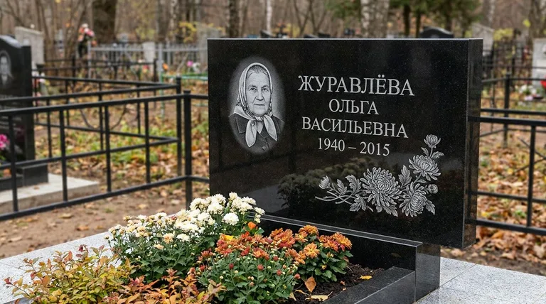 Памятник с гравировкой хризантем — выполненная работа «Журавлёва» в Хабаровске