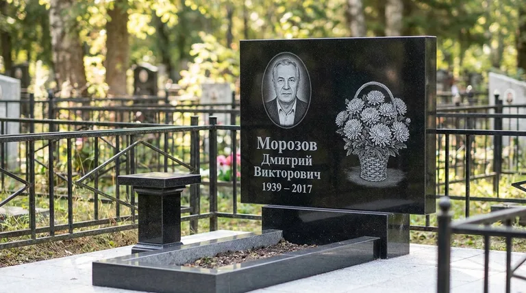 Памятник с гравировкой хризантем — выполненная работа «Морозов» в Хабаровске