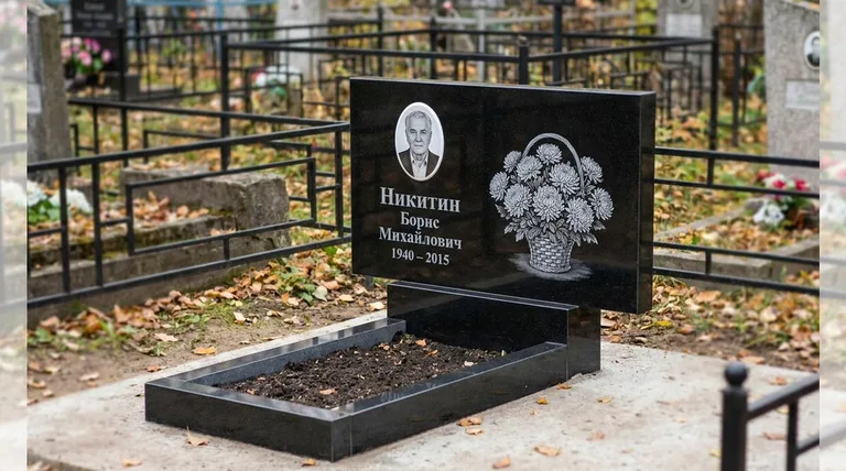 Памятник с гравировкой хризантем — выполненная работа «Никитин» в Хабаровске
