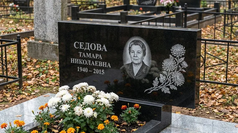 Памятник с гравировкой хризантем — выполненная работа «Седова» в Хабаровске