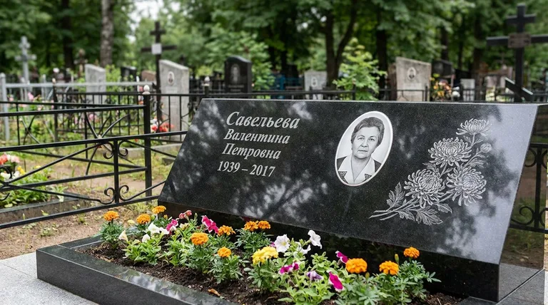 Памятник с гравировкой хризантем — выполненная работа «Савельева» в Хабаровске
