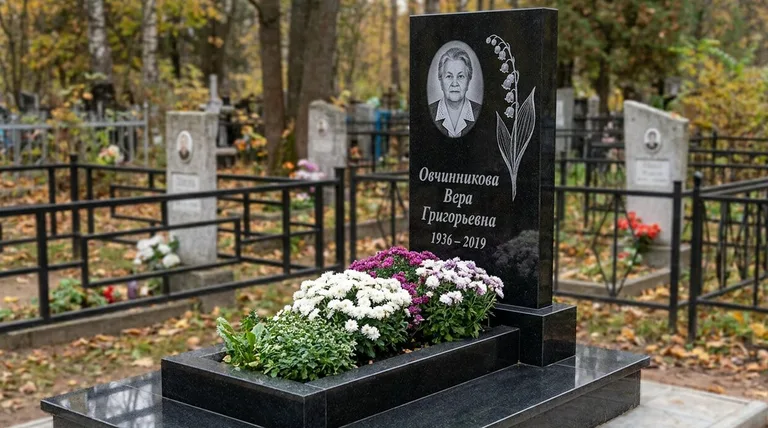 Памятник с гравировкой ландышей — выполненная работа «Овчинникова» в Хабаровске