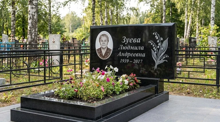 Памятник с гравировкой ландышей — выполненная работа «Зуева» в Хабаровске