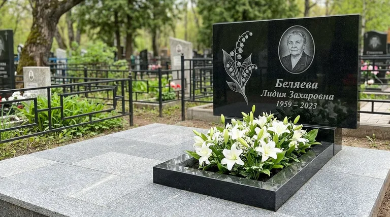 Памятник с гравировкой ландышей — выполненная работа «Беляева» в Хабаровске