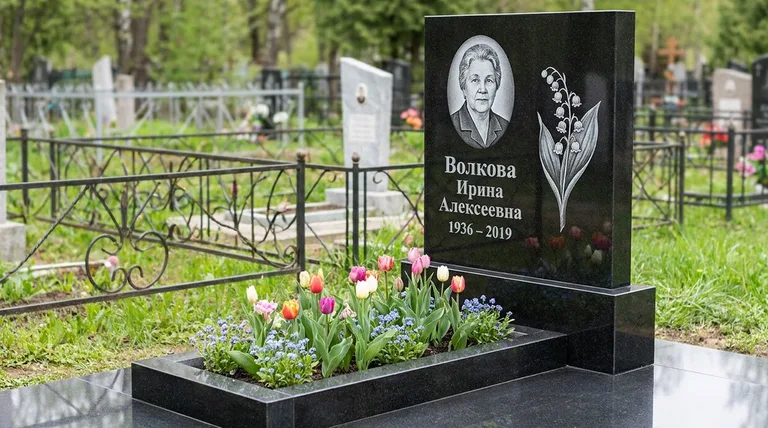 Памятник с гравировкой ландышей — выполненная работа «Волкова» в Хабаровске
