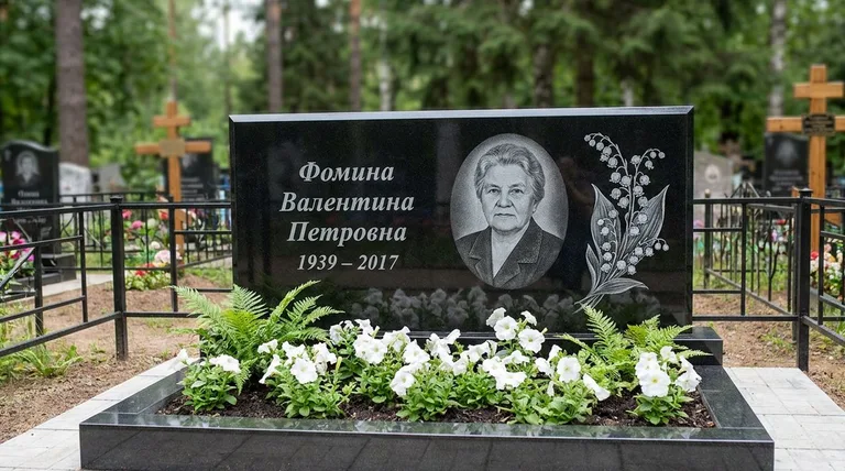 Памятник с гравировкой ландышей — выполненная работа «Фомина» в Хабаровске