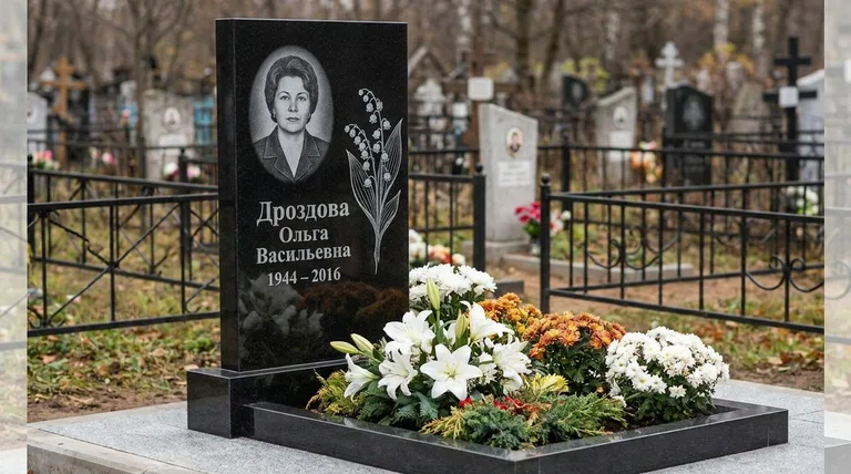 Памятник с гравировкой ландышей — выполненная работа «Дроздова» в Хабаровске