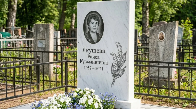 Памятник с гравировкой ландышей — выполненная работа «Якушева» в Хабаровске