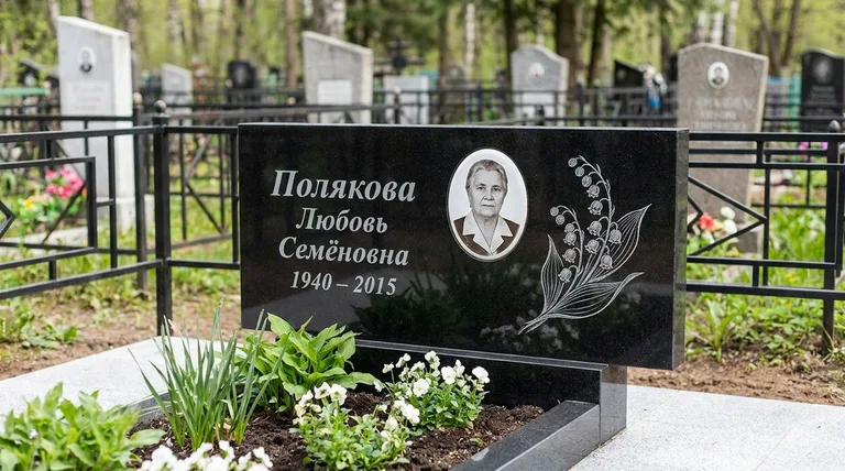 Памятник с гравировкой ландышей — выполненная работа «Полякова» в Хабаровске