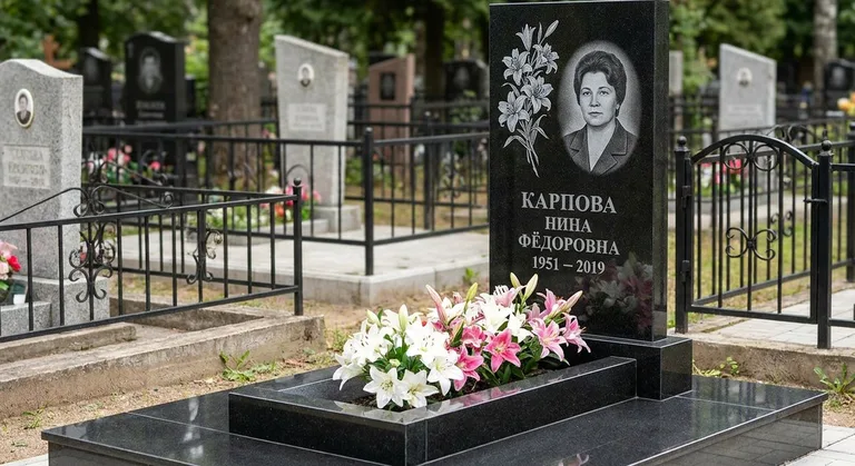 Памятник с гравировкой лилий — выполненная работа «Карпова» в Хабаровске