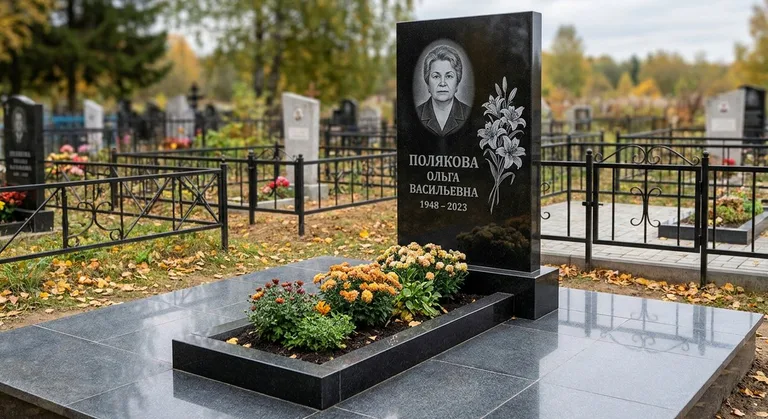 Памятник с гравировкой лилий — выполненная работа «Полякова» в Хабаровске