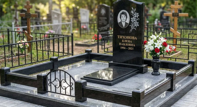 Памятник с гравировкой лилий — выполненная работа «Тихонова» в Хабаровске