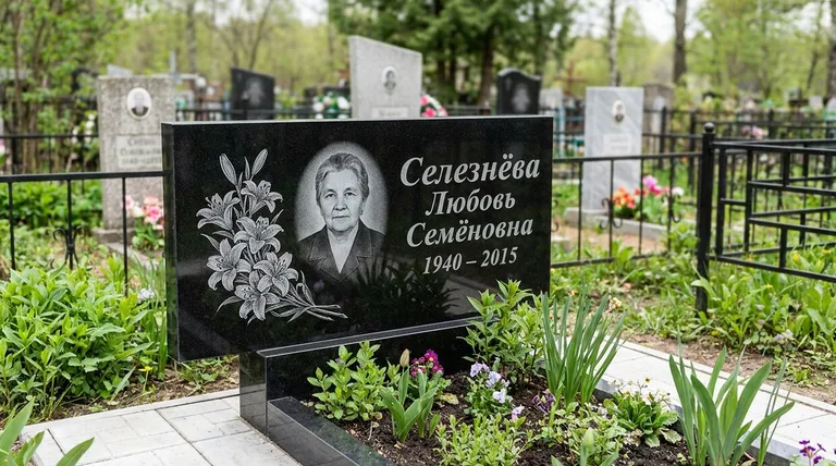 Памятник с гравировкой лилий — выполненная работа «Селезнёва» в Хабаровске
