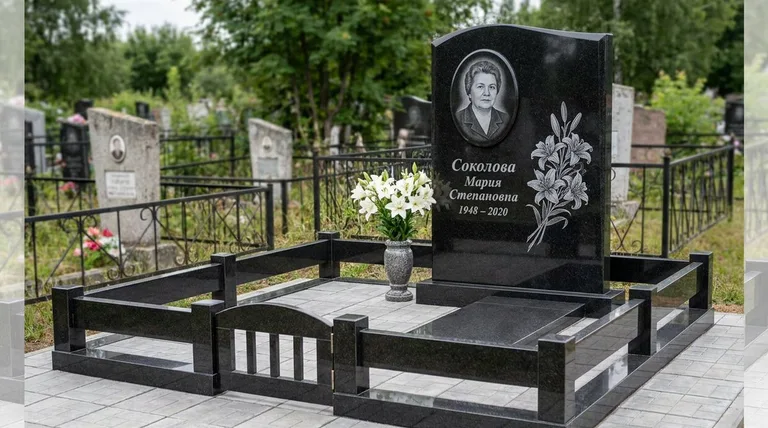 Памятник с гравировкой лилий — выполненная работа «Соколова» в Хабаровске
