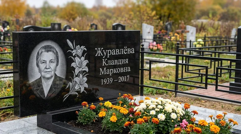 Памятник с гравировкой лилий — выполненная работа «Журавлёва» в Хабаровске