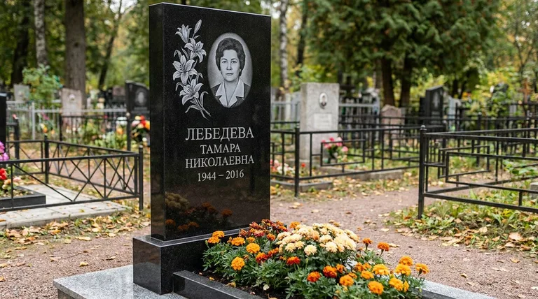 Памятник с гравировкой лилий — выполненная работа «Лебедева» в Хабаровске