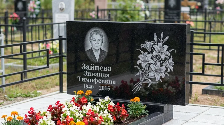 Памятник с гравировкой лилий — выполненная работа «Зайцева» в Хабаровске