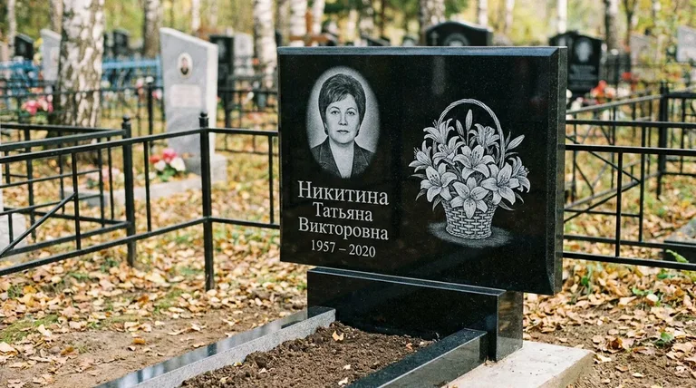 Памятник с гравировкой лилий — выполненная работа «Никитина» в Хабаровске