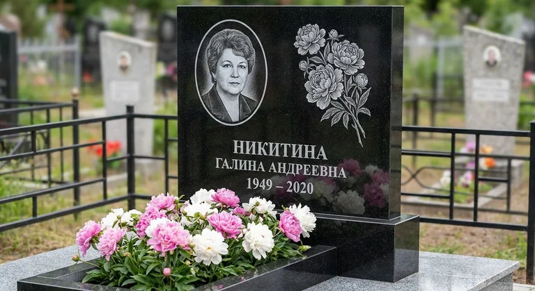 Памятник с гравировкой пионов — выполненная работа «Никитина» в Хабаровске