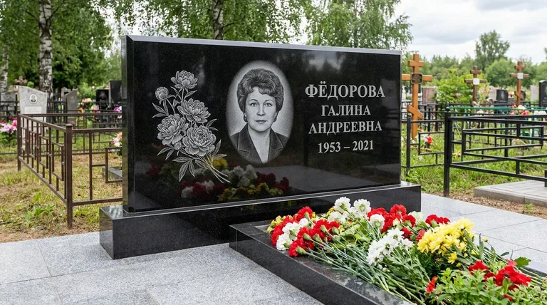 Памятник с гравировкой пионов — выполненная работа «Фёдорова» в Хабаровске