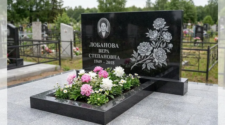 Памятник с гравировкой пионов — выполненная работа «Лобанова» в Хабаровске