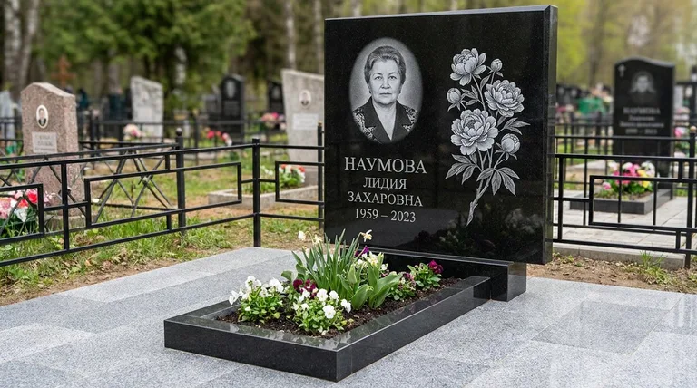 Памятник с гравировкой пионов — выполненная работа «Наумова» в Хабаровске