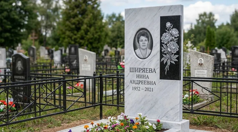 Памятник с гравировкой пионов — выполненная работа «Ширяева» в Хабаровске