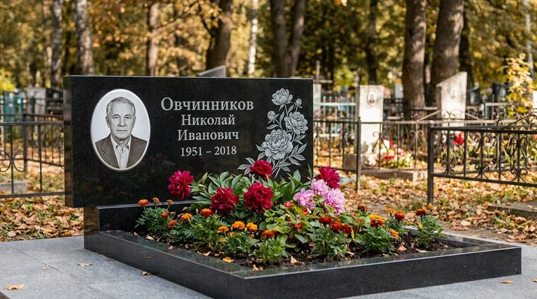 Памятник с гравировкой пионов — выполненная работа «Овчинников» в Хабаровске