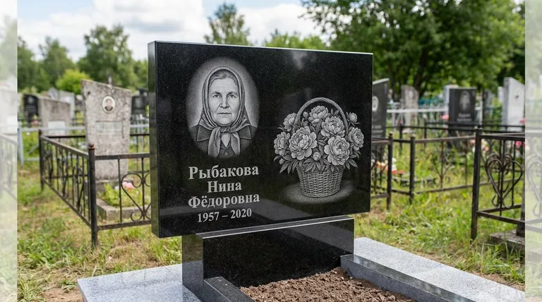 Памятник с гравировкой пионов — выполненная работа «Рыбакова» в Хабаровске