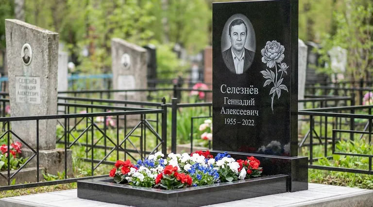 Памятник с гравировкой пионов — выполненная работа «Селезнёв» в Хабаровске