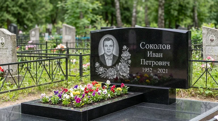 Памятник с гравировкой пионов — выполненная работа «Соколов» в Хабаровске