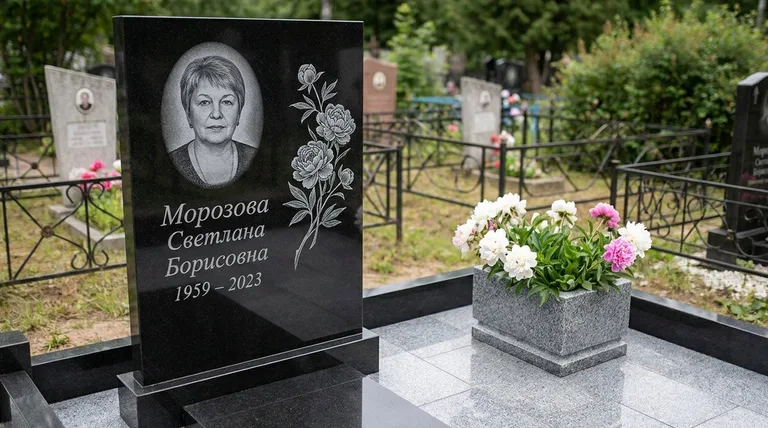 Памятник с гравировкой пионов — выполненная работа «Морозова» в Хабаровске