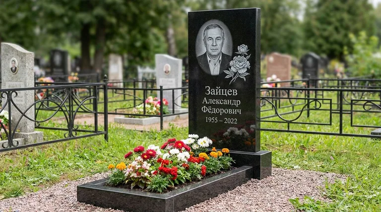 Памятник с гравировкой пионов — выполненная работа «Зайцев» в Хабаровске