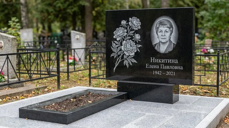 Памятник с гравировкой пионов — выполненная работа «Никитина» в Хабаровске