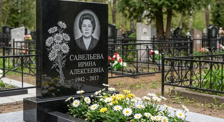Памятник с гравировкой ромашек — выполненная работа «Савельева» в Хабаровске