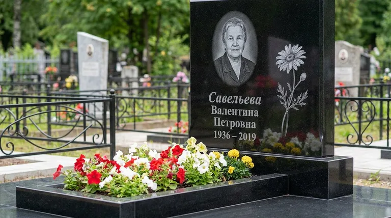 Памятник с гравировкой ромашек — выполненная работа «Савельева» в Хабаровске