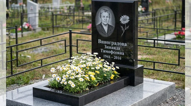 Памятник с гравировкой ромашек — выполненная работа «Виноградова» в Хабаровске