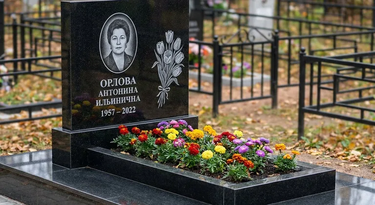 Памятник с гравировкой тюльпанов — выполненная работа «Орлова» в Хабаровске