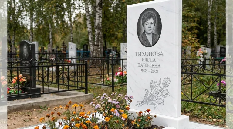 Памятник с гравировкой тюльпанов — выполненная работа «Тихонова» в Хабаровске