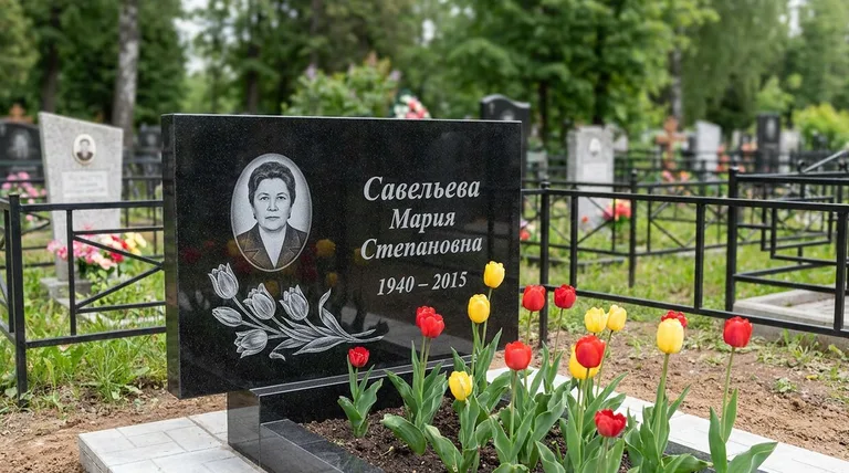 Памятник с гравировкой тюльпанов — выполненная работа «Савельева» в Хабаровске