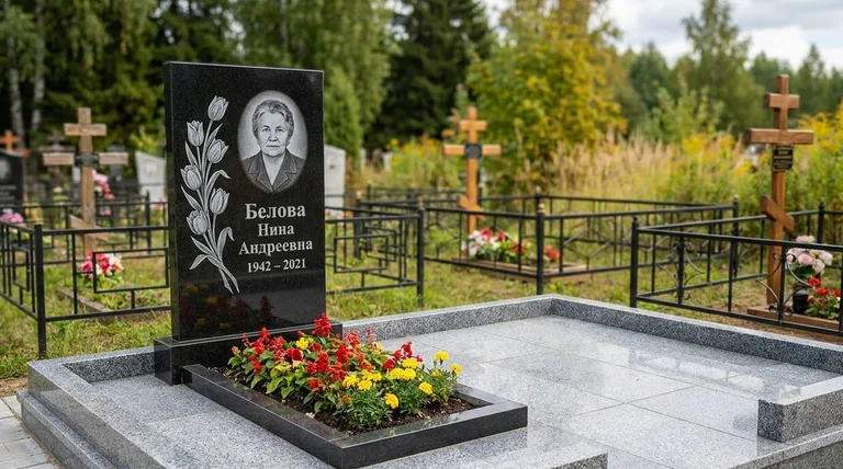 Памятник с гравировкой тюльпанов — выполненная работа «Белова» в Хабаровске