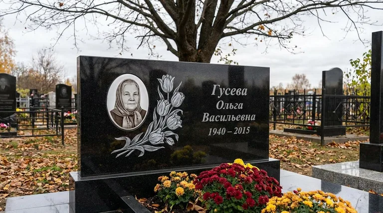 Памятник с гравировкой тюльпанов — выполненная работа «Гусева» в Хабаровске