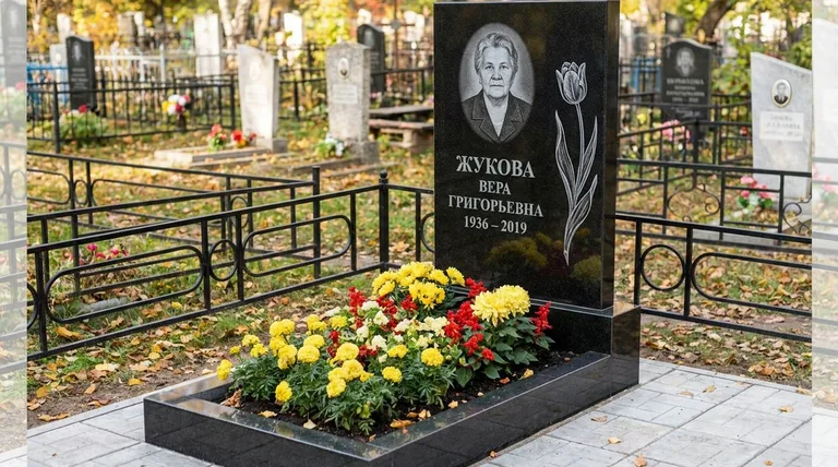 Памятник с гравировкой тюльпанов — выполненная работа «Жукова» в Хабаровске