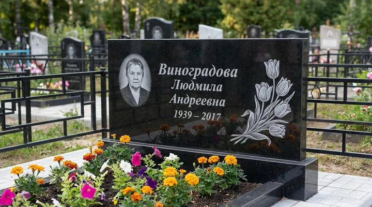 Памятник с гравировкой тюльпанов — выполненная работа «Виноградова» в Хабаровске