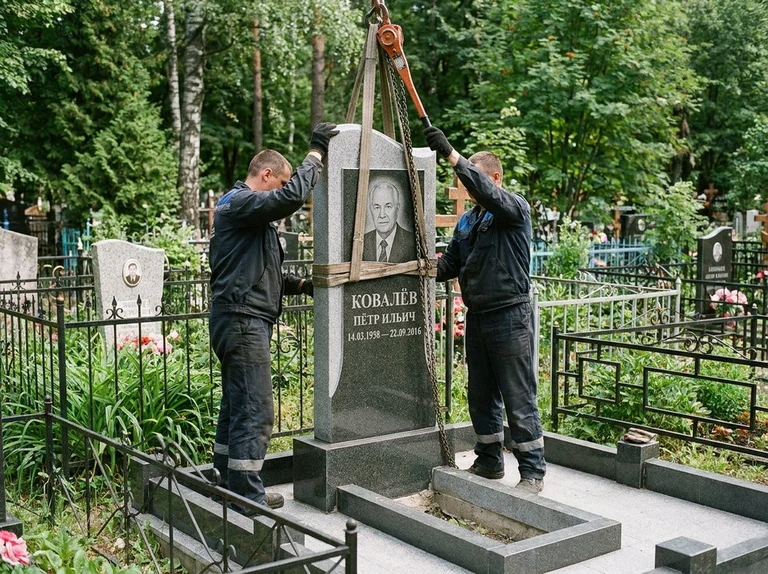 Демонтаж памятника на кладбище в Хабаровске — бригада аккуратно снимает старый гранитный памятник с могилы
